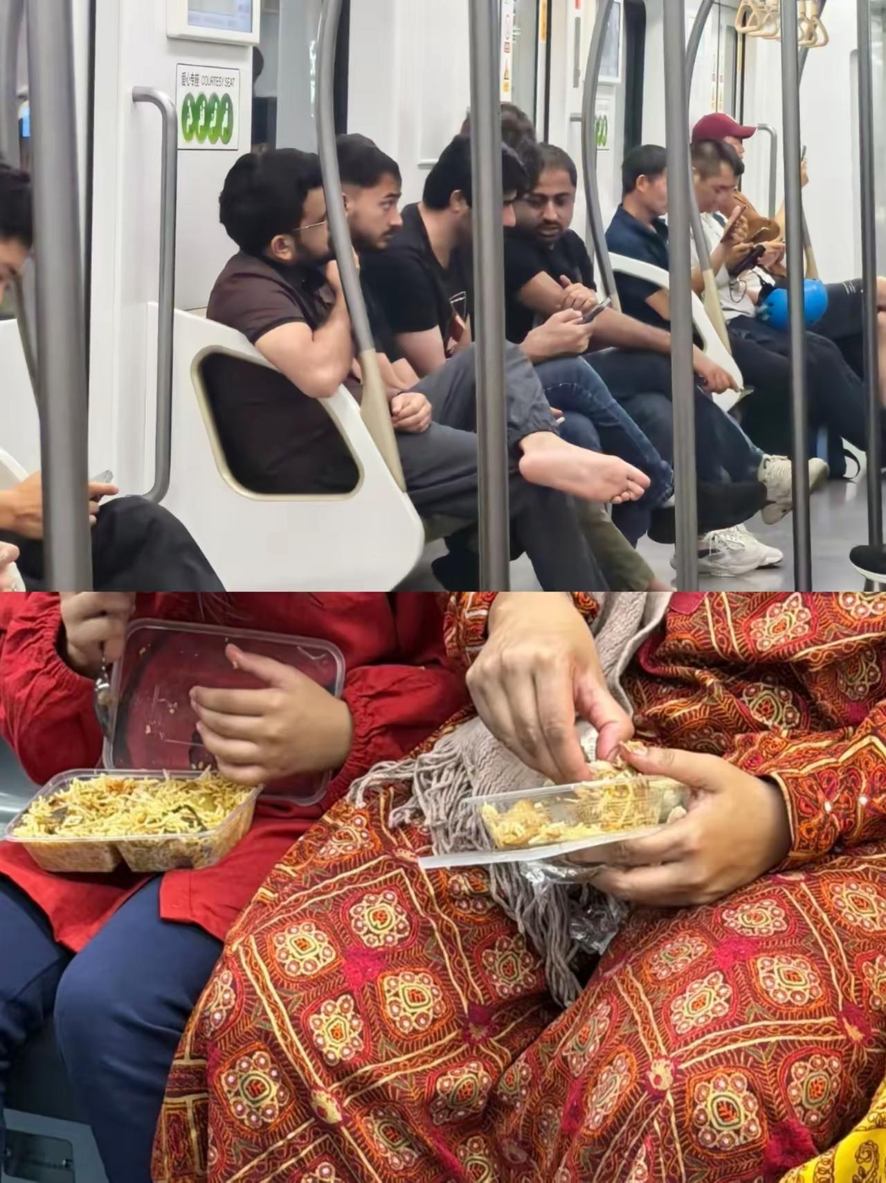 印度飞广州的航班开通后，很多印度人在深圳地铁上吃手抓饭，
有网友拍到印度人在地铁
