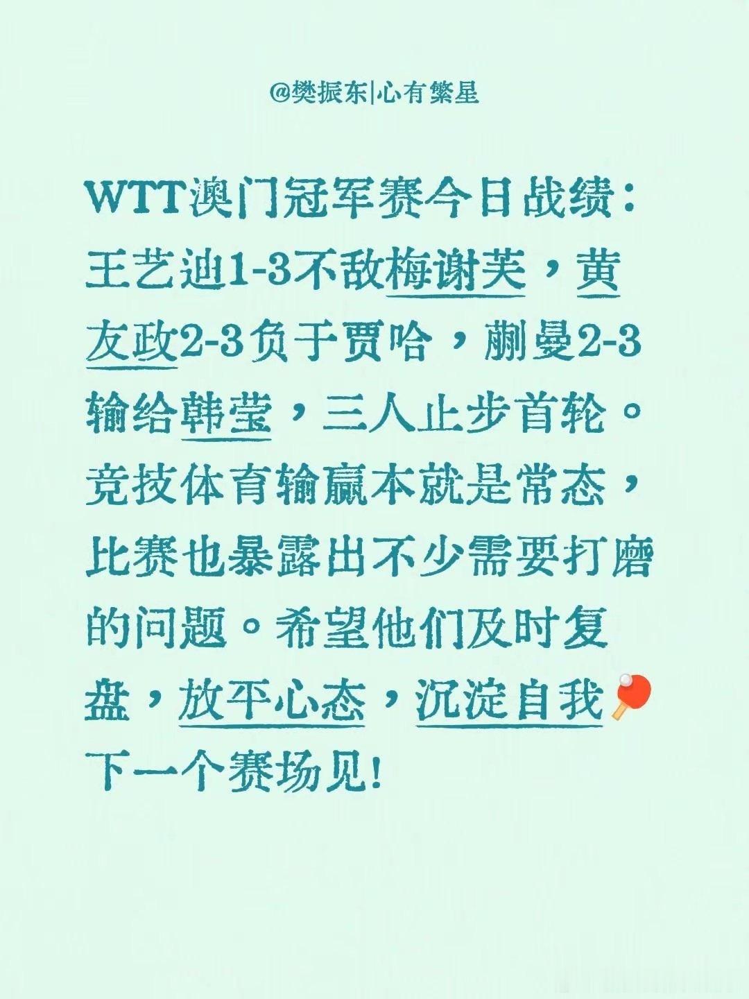 澳门冠军赛首轮，王艺迪、黄友政、蒯曼均遗憾止步。竞技体育输赢是常态，暴露的问题需