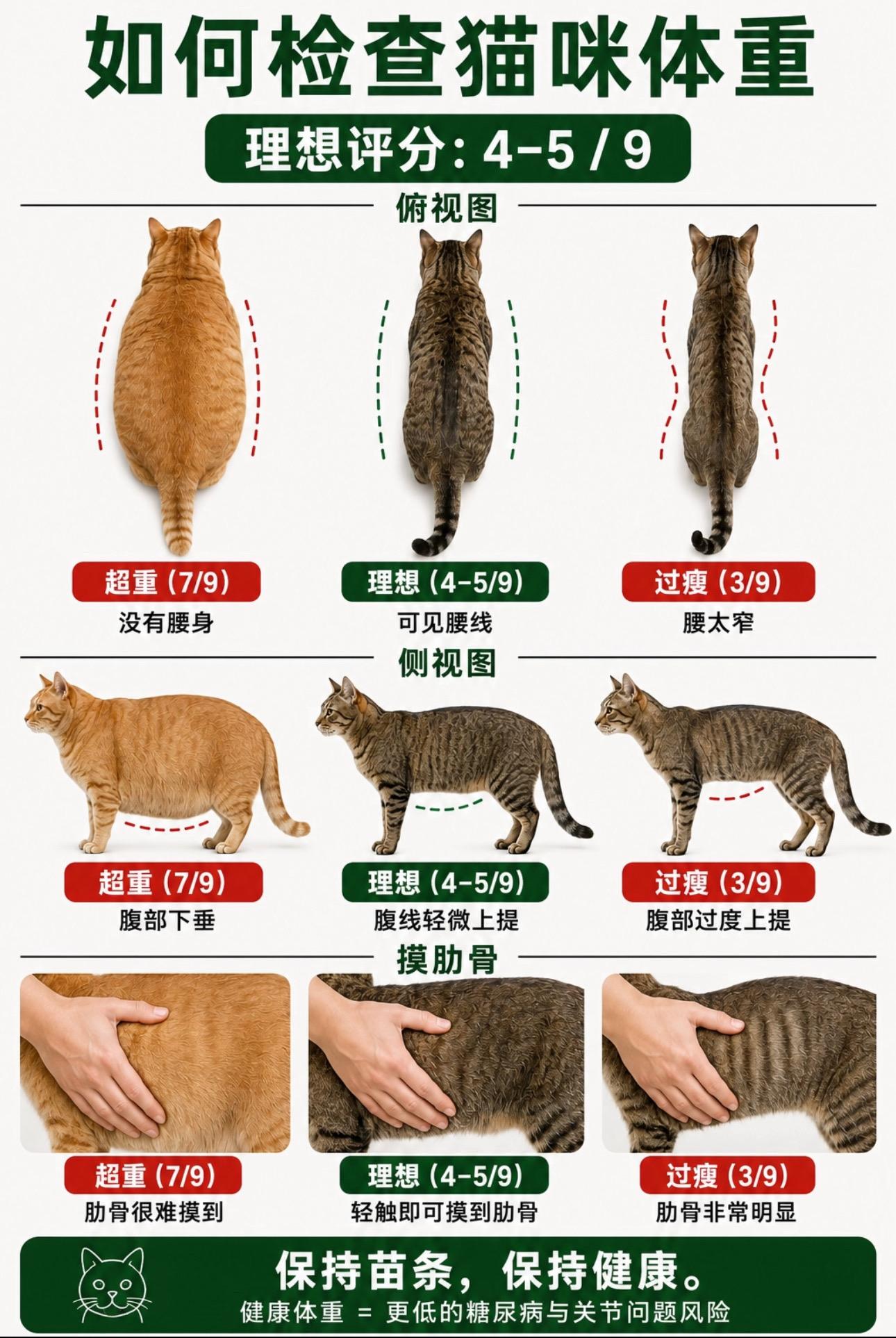 轻轻摸摸，能感受到你家猫咪的肋骨吗？🟢标准体态：轻触可清晰摸到肋骨...