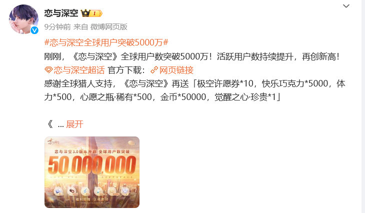 【 恋与深空全球用户突破5000万  】《恋与深空》官博宣布，目前《恋与深空》全