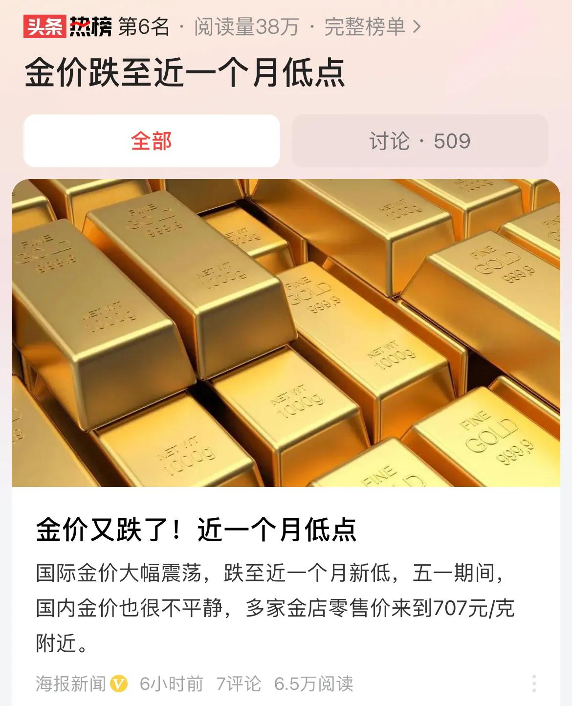 #金价跌至近一个月低点#黄金价格跌至一个月低点，黄金价格止跌企稳了吗？

以国际