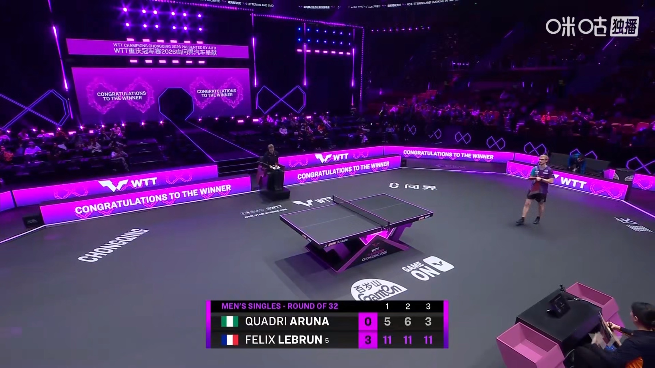 F勒布伦3比0阿鲁纳(11-5，11-6，11-3)晋级wtt重庆冠军赛2026