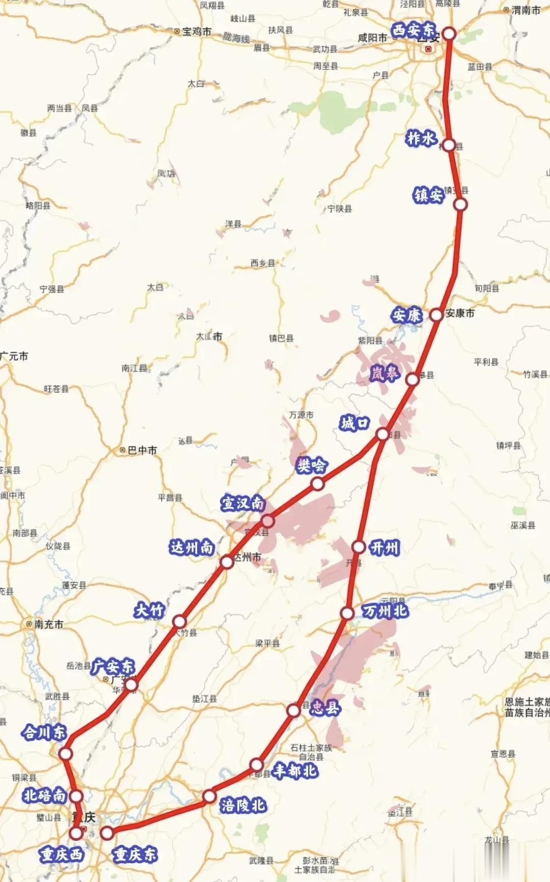 西安-重庆高铁线路图