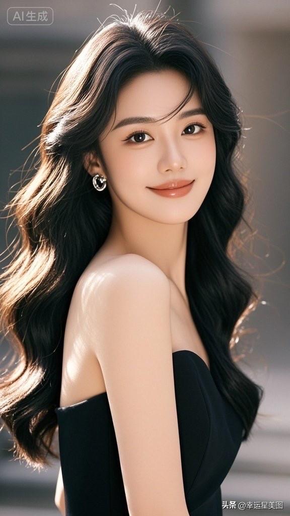 温柔甜美的笑容，长发飘飘，散发着迷人的魅力。