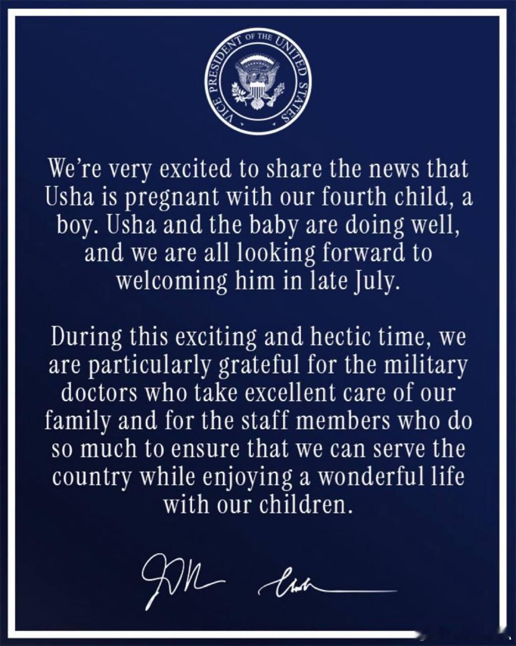 以美国副总统，美国政府的名义眼线男宣布，他老婆七月底生娃。。。。。这届美国佬都是