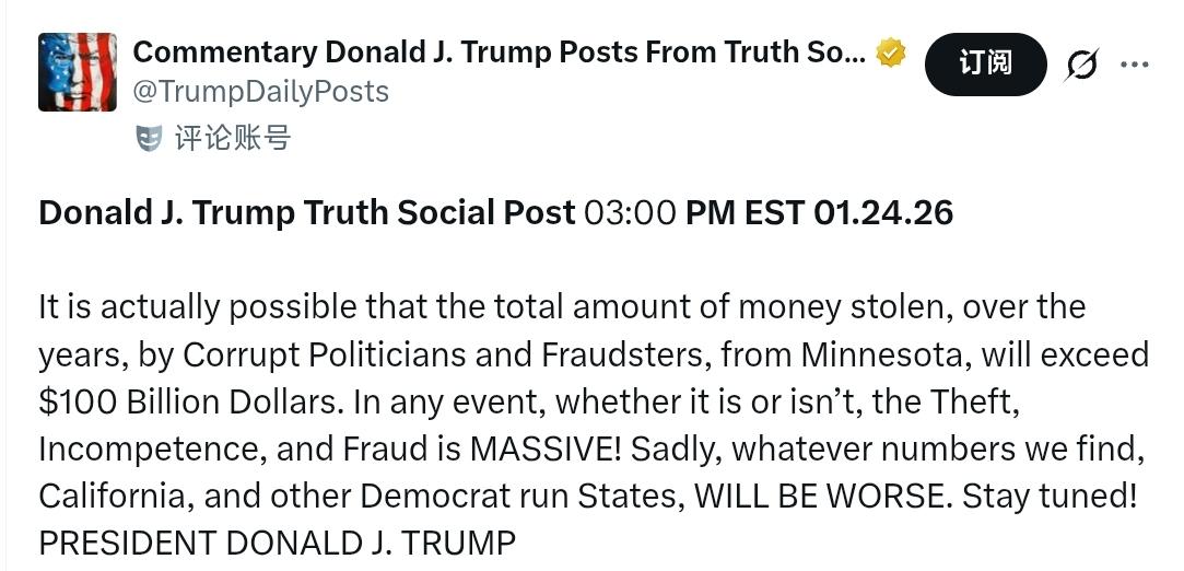 特朗普发文：事实上，多年来，明尼苏达州腐败政客和诈骗犯窃取的资金总额可能超过10