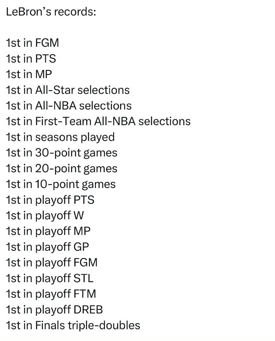 詹姆斯的历史第一的纪录：
常规赛投篮命中数（FGM）位列历史第1
常规赛总得分（