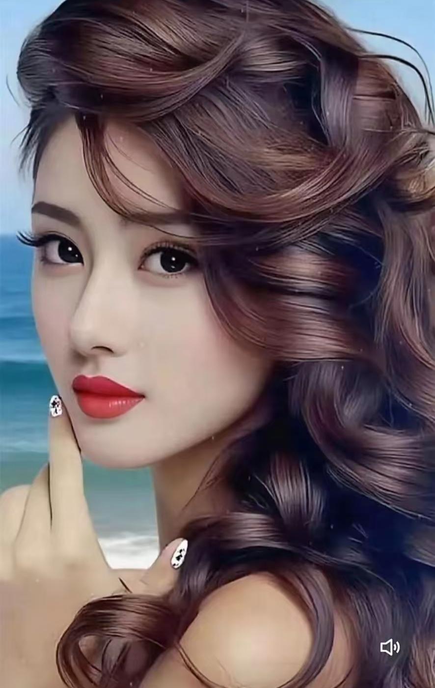 海风轻吻卷发梢，红唇微启似在笑，指尖轻点，美得让人心跳加速！