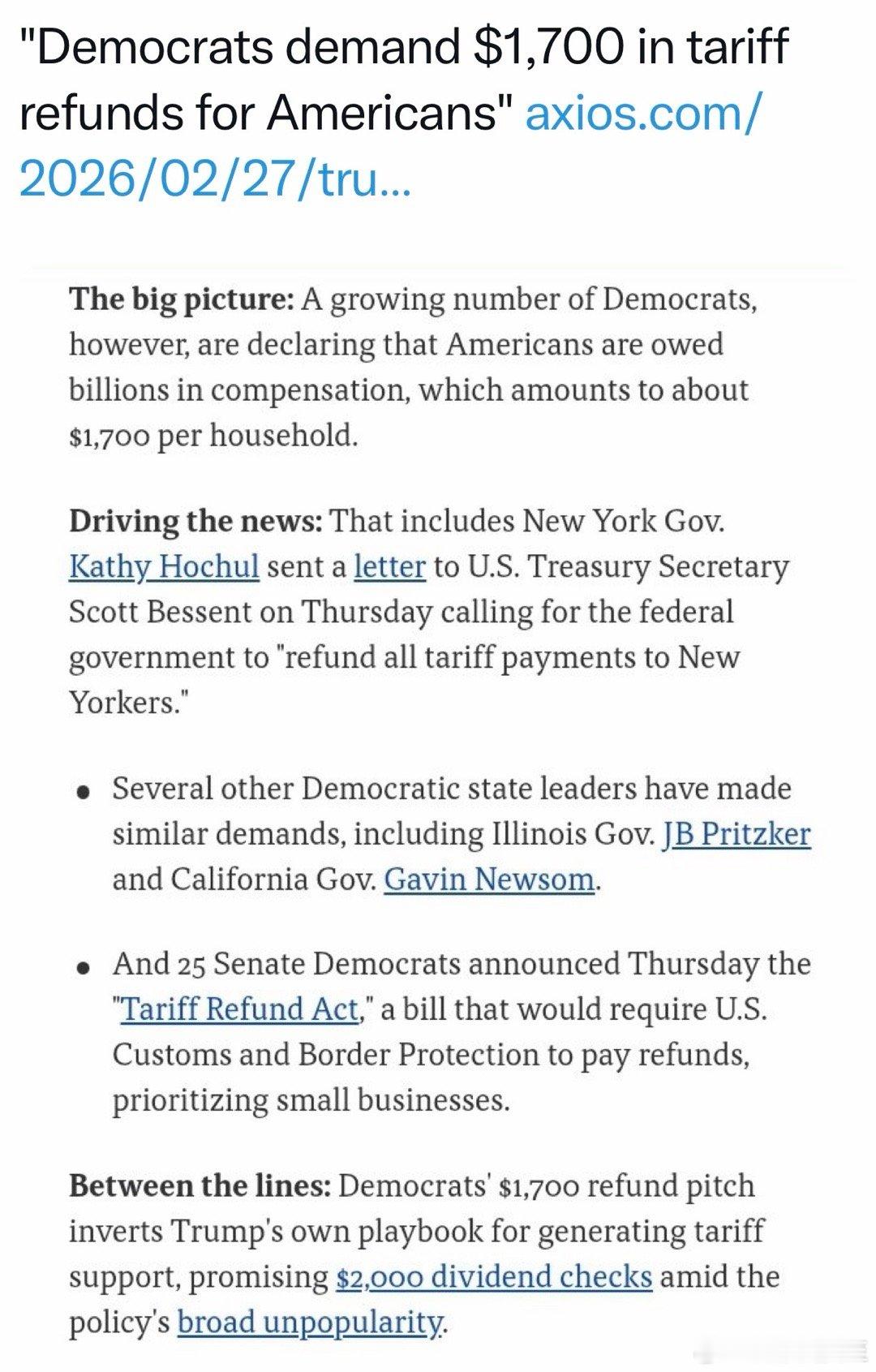 民主党议员提出法案：要求联邦政府给美国人退税，每户平均$1700总统为宣传“加关