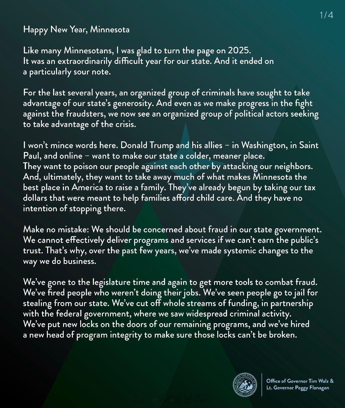 两届明尼苏达州长、前副总统候选人Tim Walz今天宣布，暂停竞选第三个州长任期