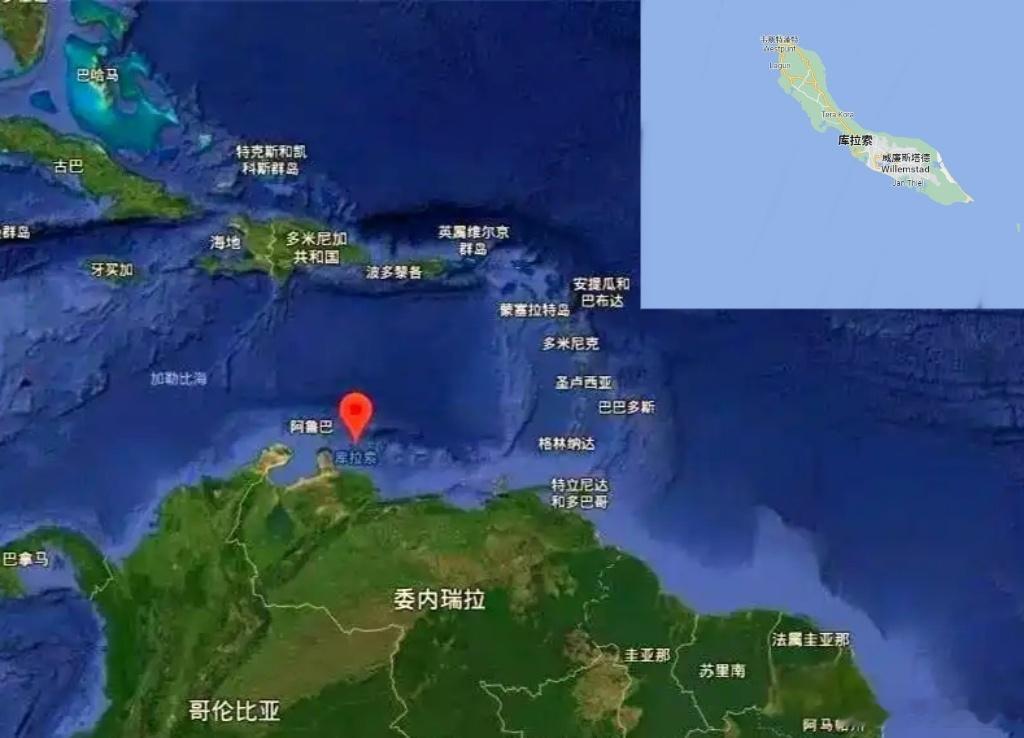 库拉索在这。库拉索是荷兰的藩属国，位于加勒比海东南部，委内瑞拉外海。面积444平