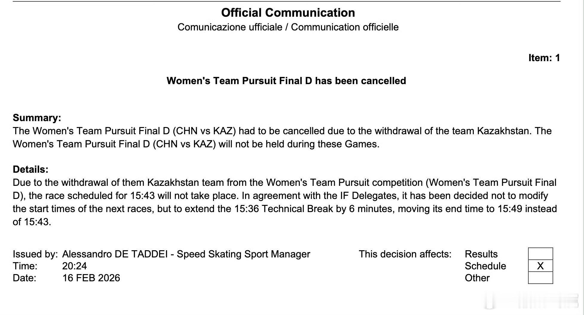 速度滑冰女子团体中国队第7米兰冬奥会速度滑冰女子团体追逐D组决赛，哈萨克斯坦队退