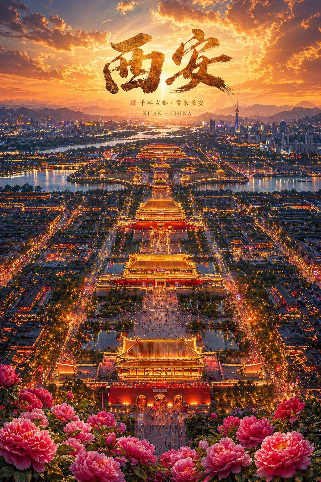 川哥杂谈ai设计实操技巧 提示词：超写实航拍摄影，中国古都西安城市夜景，隋唐长安