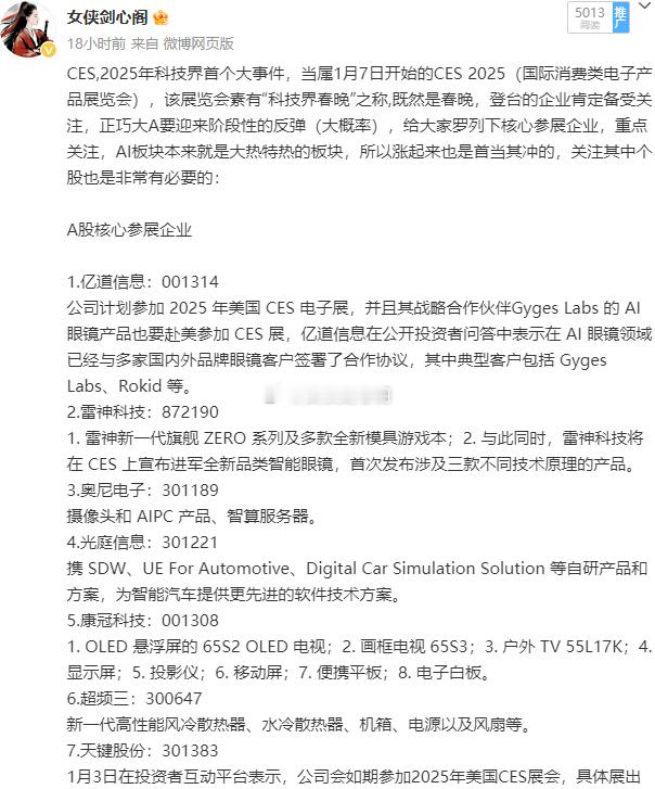 只做干货分享，不做马后炮，昨日分享的ces参展的A股公司已经涨了，你们 有吃上肉