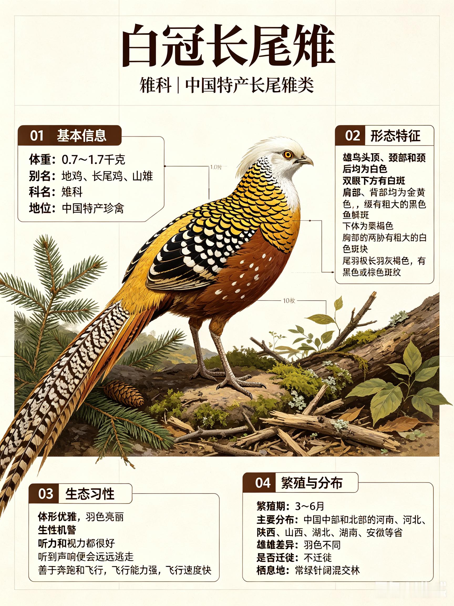 鸟类朋友图鉴 白冠长尾雉科名：雉科体重：0.7～1.7千克别名：地鸡、长尾鸡、山
