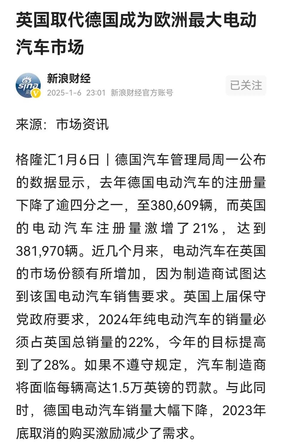 德国汽车管理局刚公布电动汽车注册数据，德国去年降幅逾25%，英国激增21%、总数