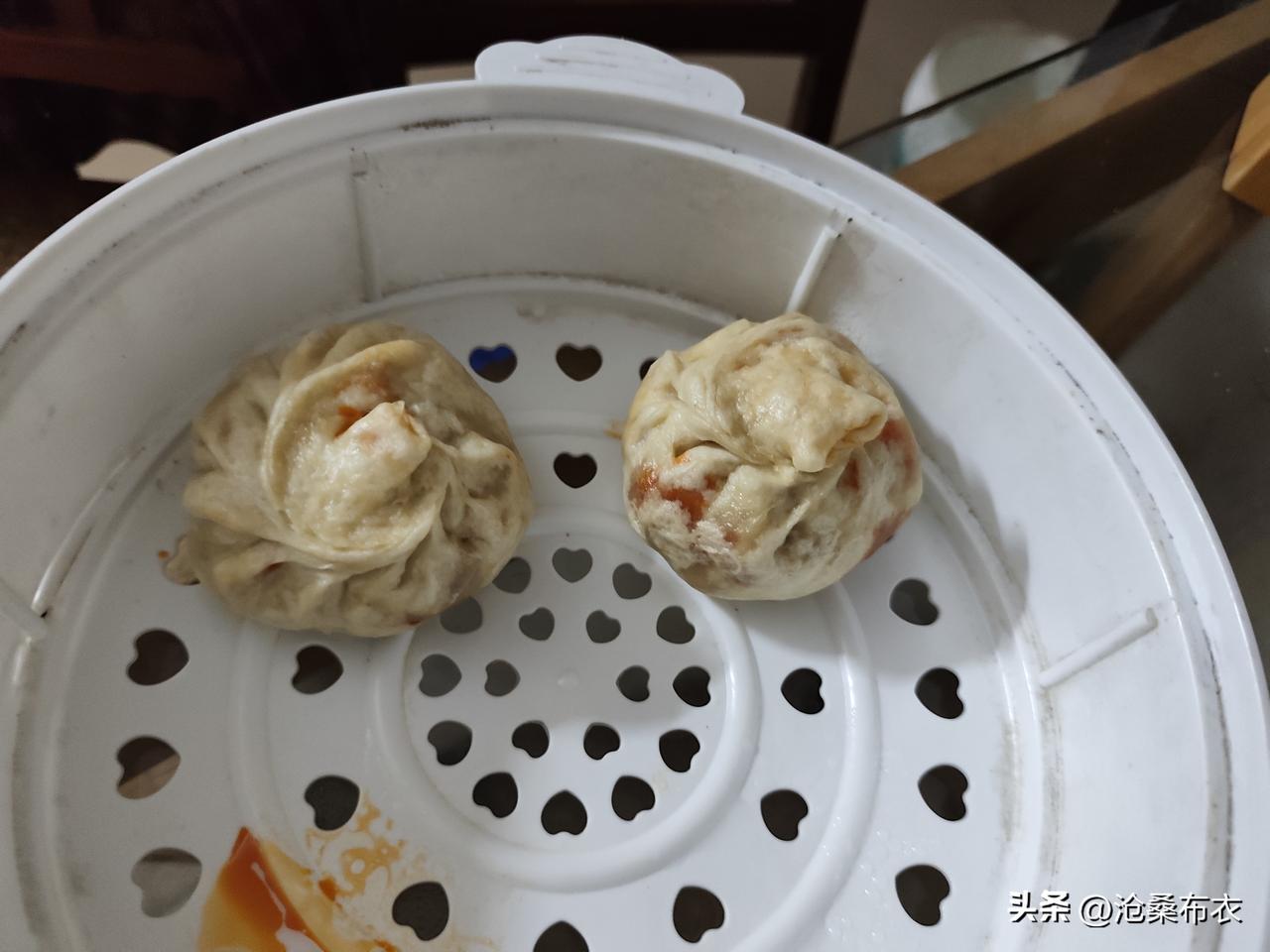记录我的20263月22日晚上，老婆蒸了4个包子，茄子、泡椒、大肉馅，太香了，我