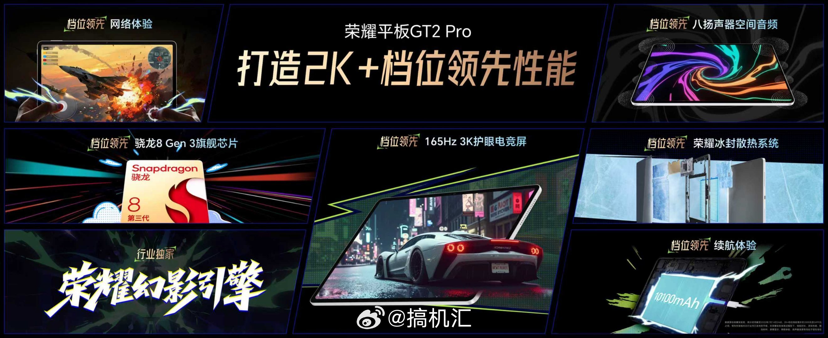 荣耀平板GT2 Pro 搭载骁龙8 Gen 3旗舰芯片，在行业独家幻影引擎加持下