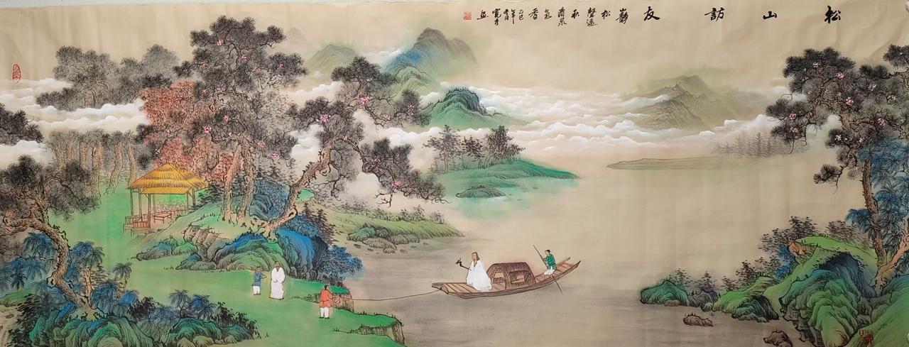 王宽秀的绘画作品是对美好生活的祝福融入其中。画里有青山陡峭、峰峦重叠，山间的雅居