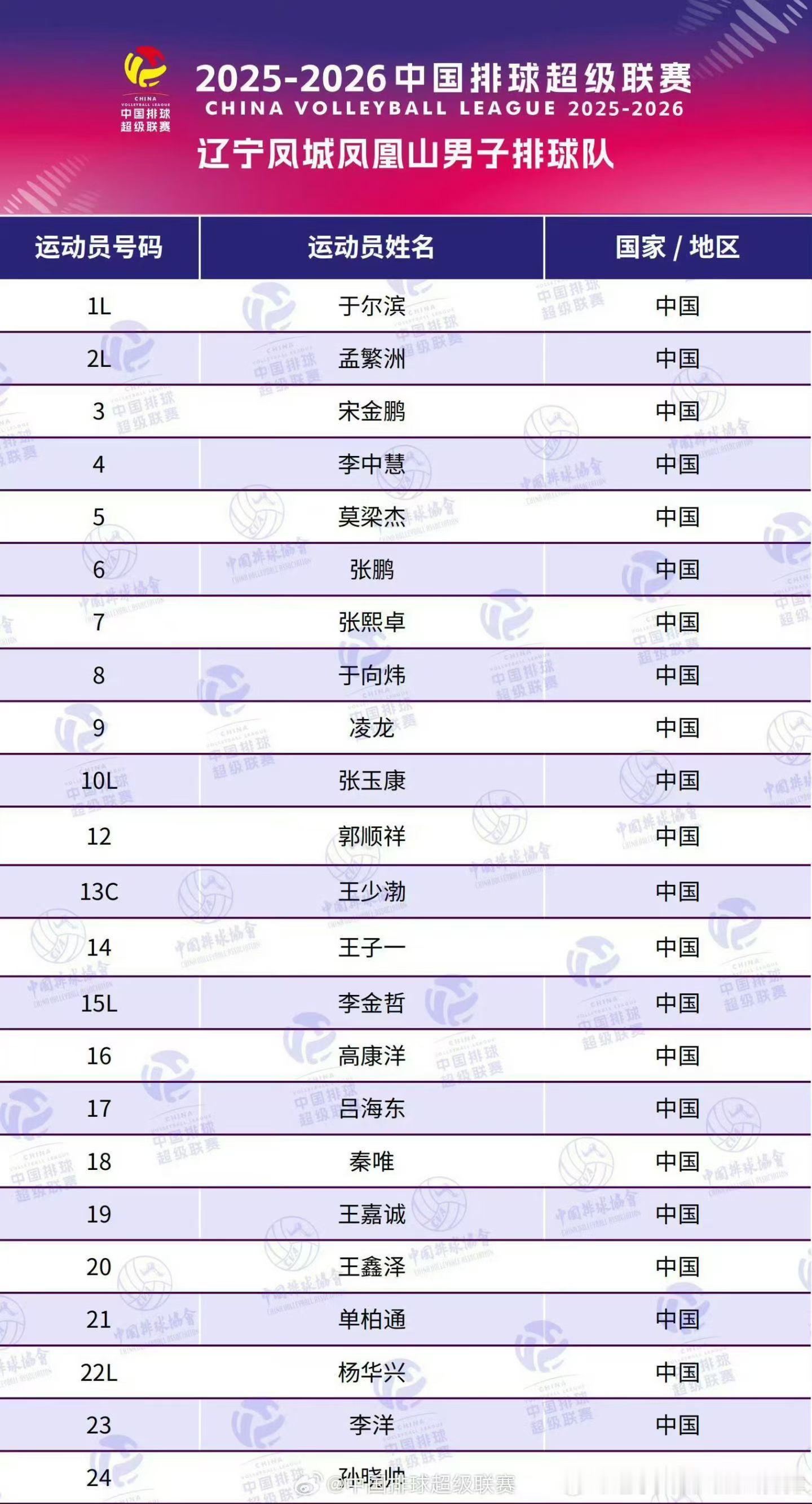 辽宁男排2025-2026赛季大名单 