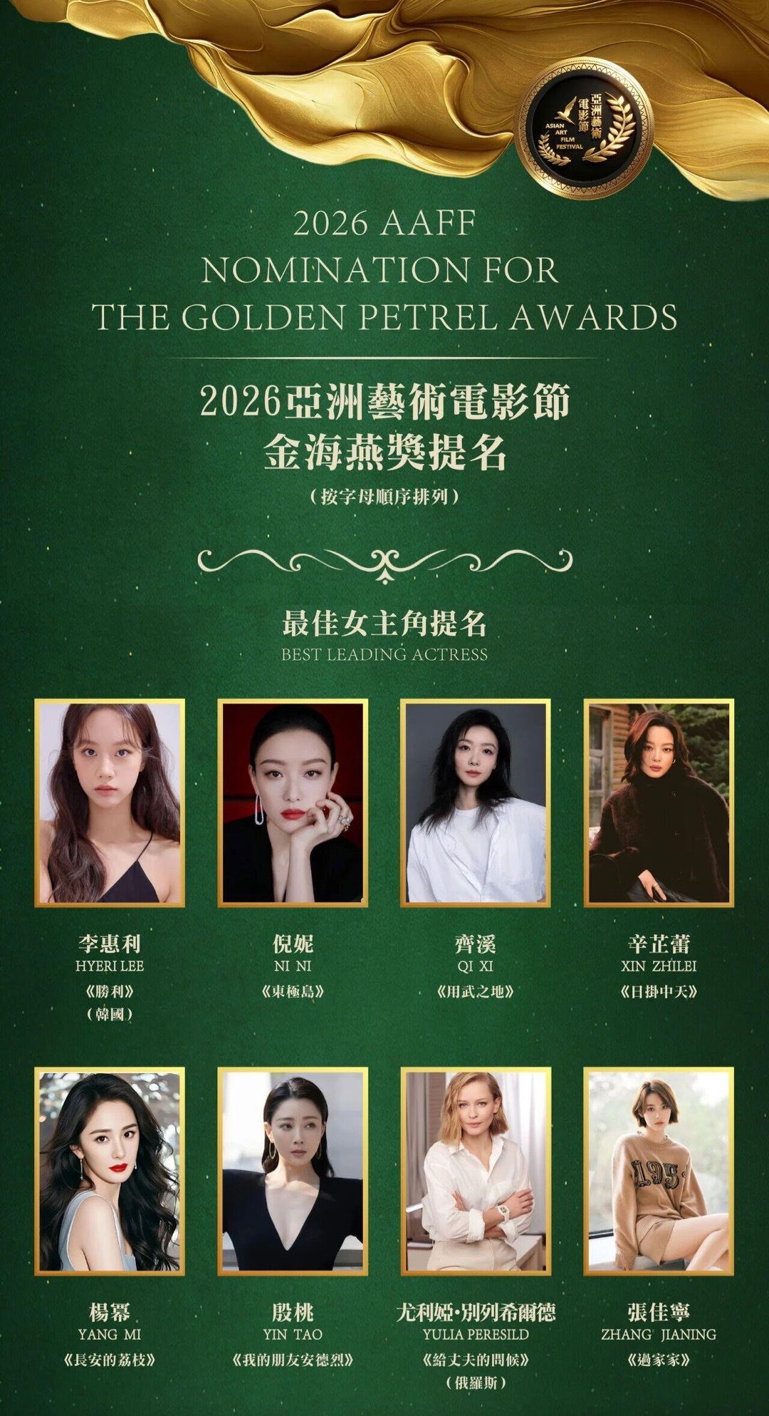 恭喜杨幂入围2026亚洲艺术电影节金海燕奖——最佳女主角提名入围角色：《长安的荔