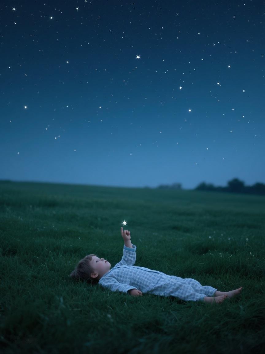 AI妙生图在广袤绿野，仰望璀璨星空，一颗星轻触掌心，仿佛梦与现实交汇✨