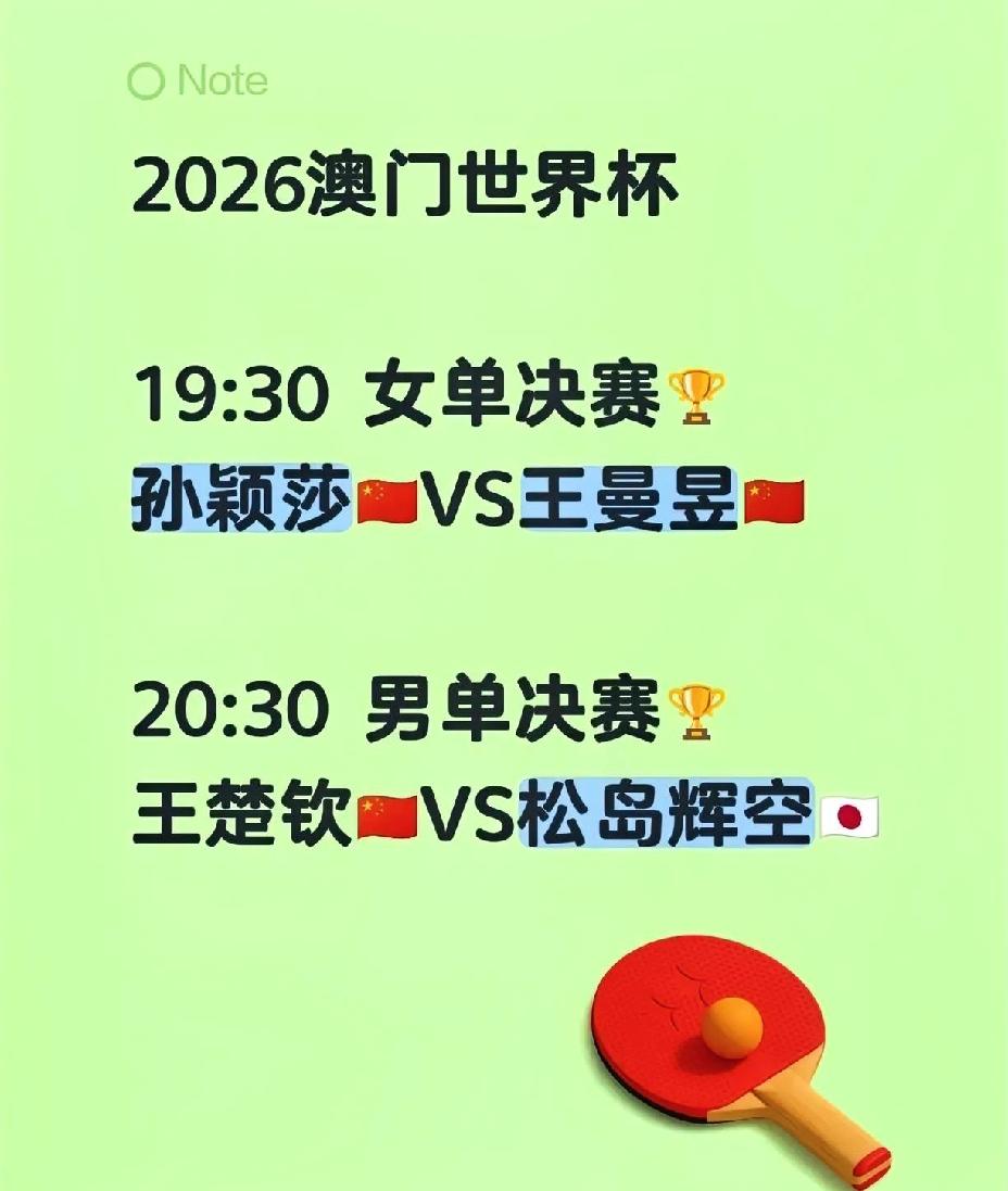 澳门世界杯，
国乒女队包揽冠亚军，
王楚钦将对战日乒小将。

澳门世界杯终于迎来