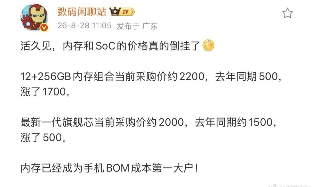 今年手机行业出现一个很罕见的现象：内存存储成本反超主SoC芯片。短短一年，SoC