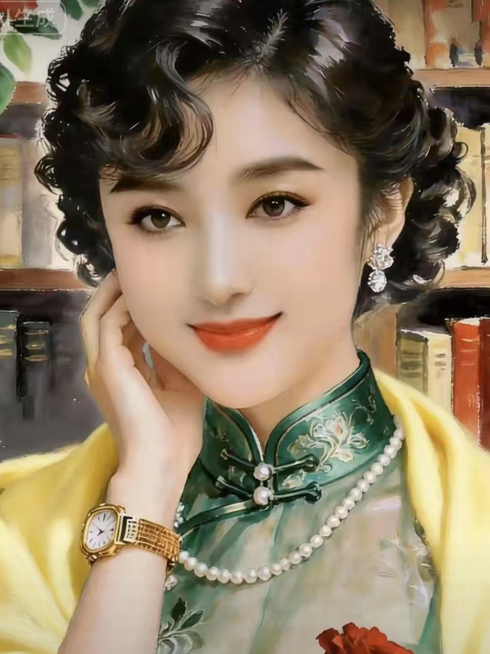 民国佳人
卷发柔丝映碎钻，
娇颜浅笑韵千般。
恍如民国书香女，
仪态雍容梦亦安。