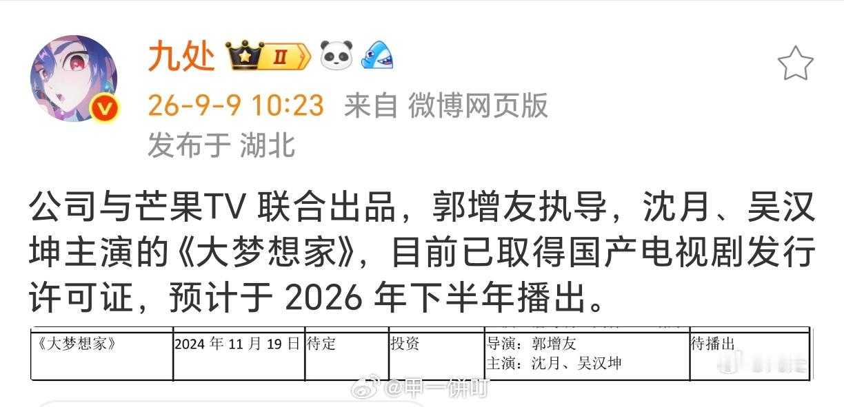 郭增友执导，沈月、吴汉坤主演的《大梦想家》，目前已取得国产电视剧发行许可证，预计