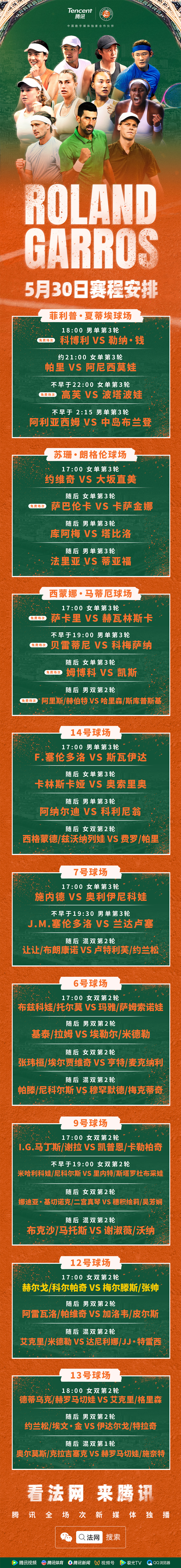 法网2026 法网今日赛程安排，长图奉上！罗兰加洛斯