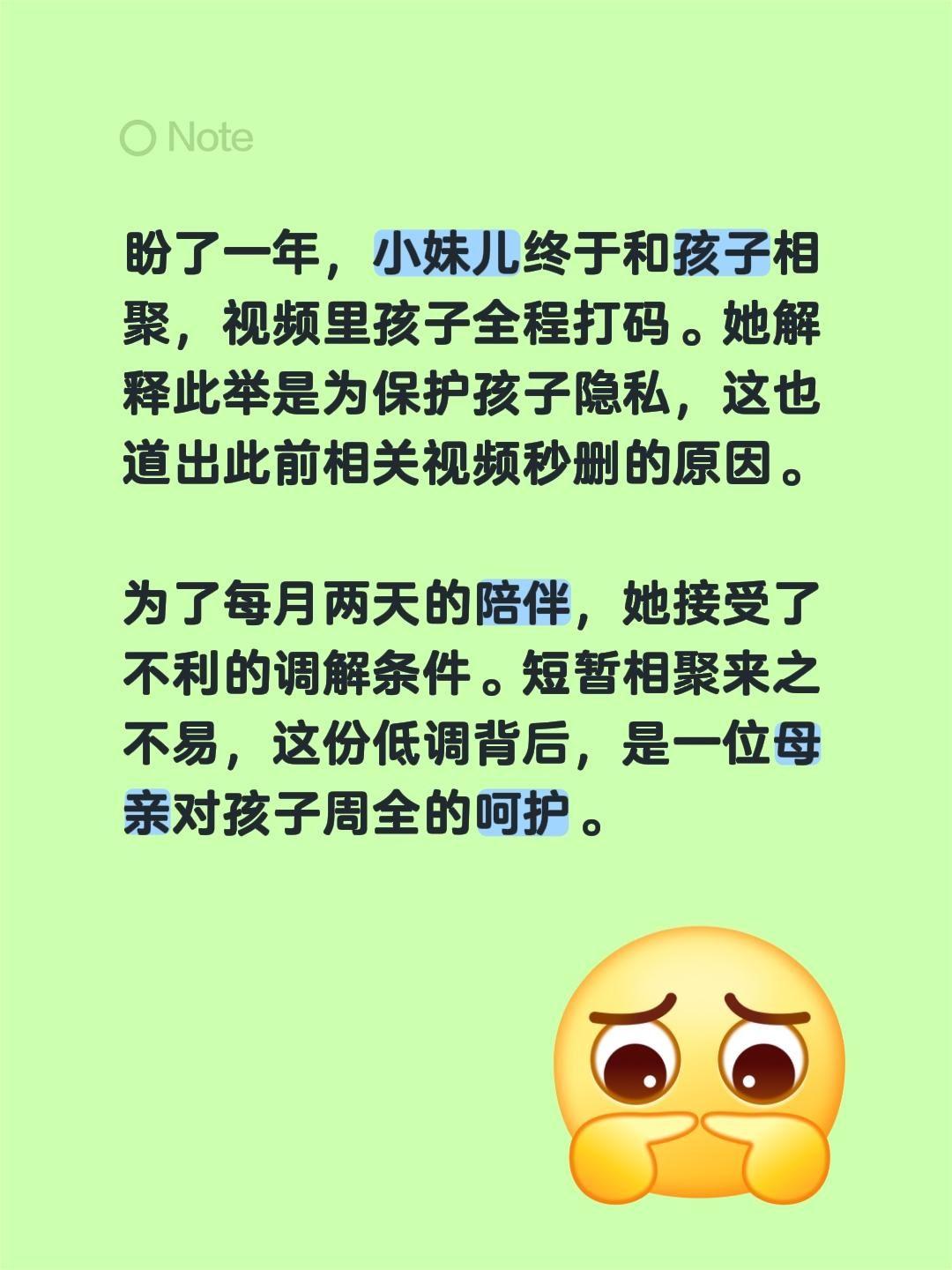 盼了一年，小妹儿终于和孩子相聚，视频里孩子全程打码。她解释此举是为保护孩子隐私，