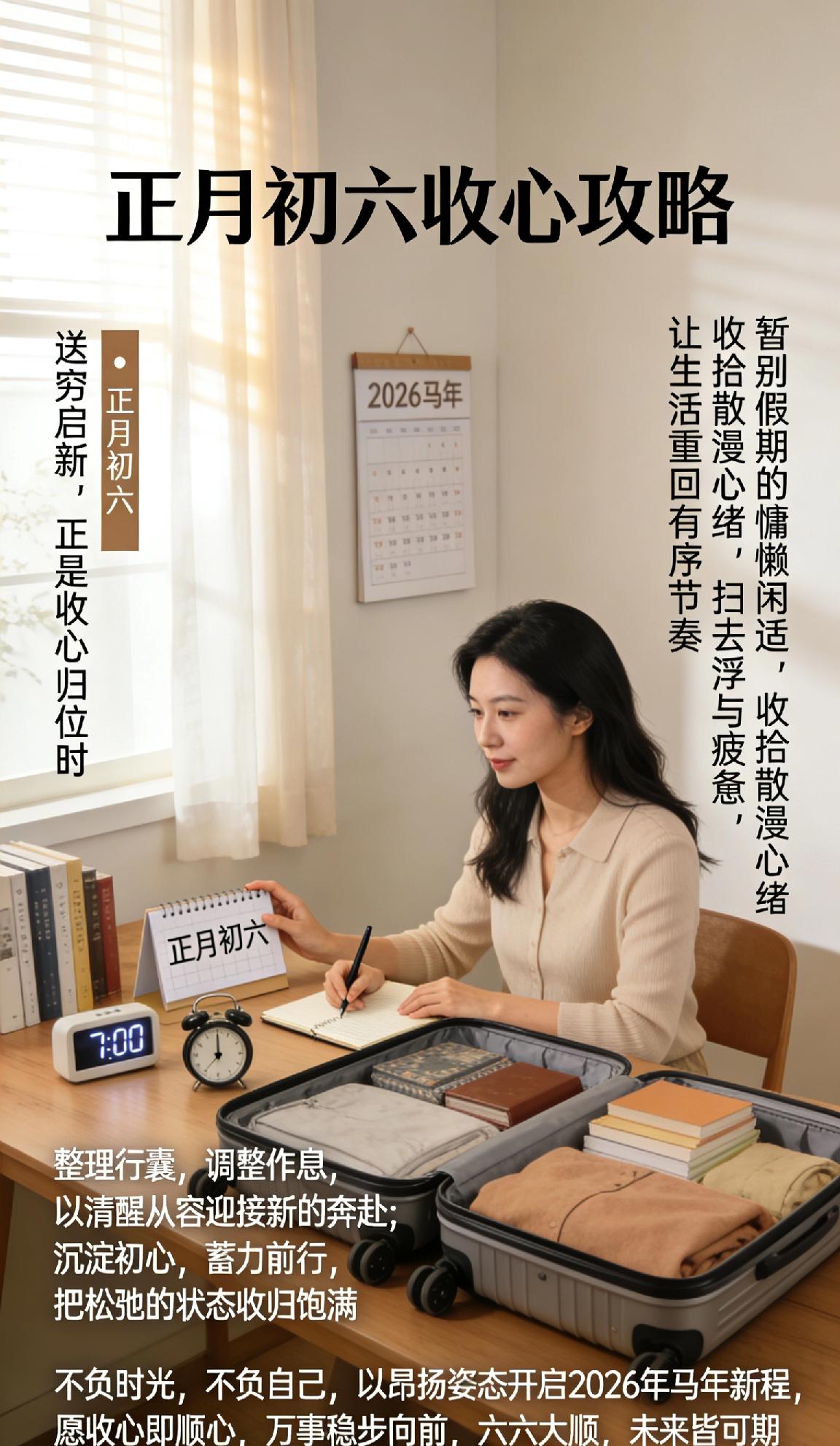 正月初六，送穷启新，正是收心归位时。
暂别假期的慵懒闲适，收拾散漫心绪，扫去浮躁
