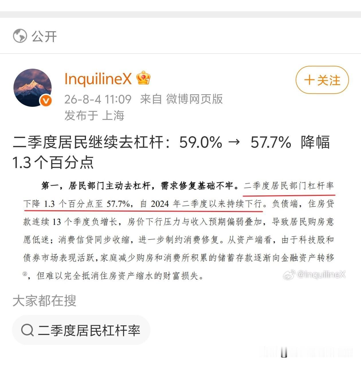二季度居民继续去杠杆：59.0% →  57.7%  降幅1.3个百分点 ​​​