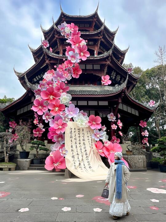 成都！！🌸巨型花海瀑布！！好震撼…