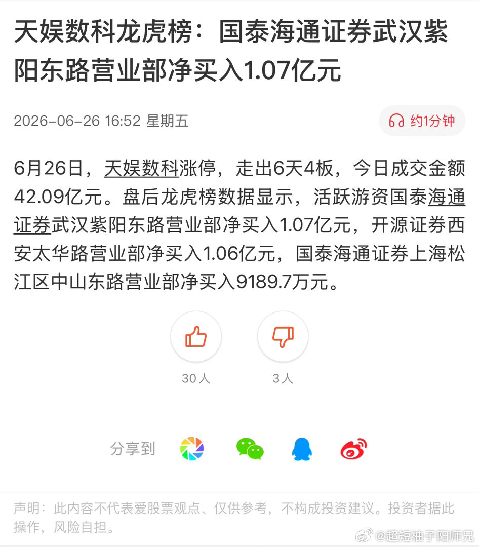 有这两个量化资金，下周天娱数科看谁逃得快了。今日看盘