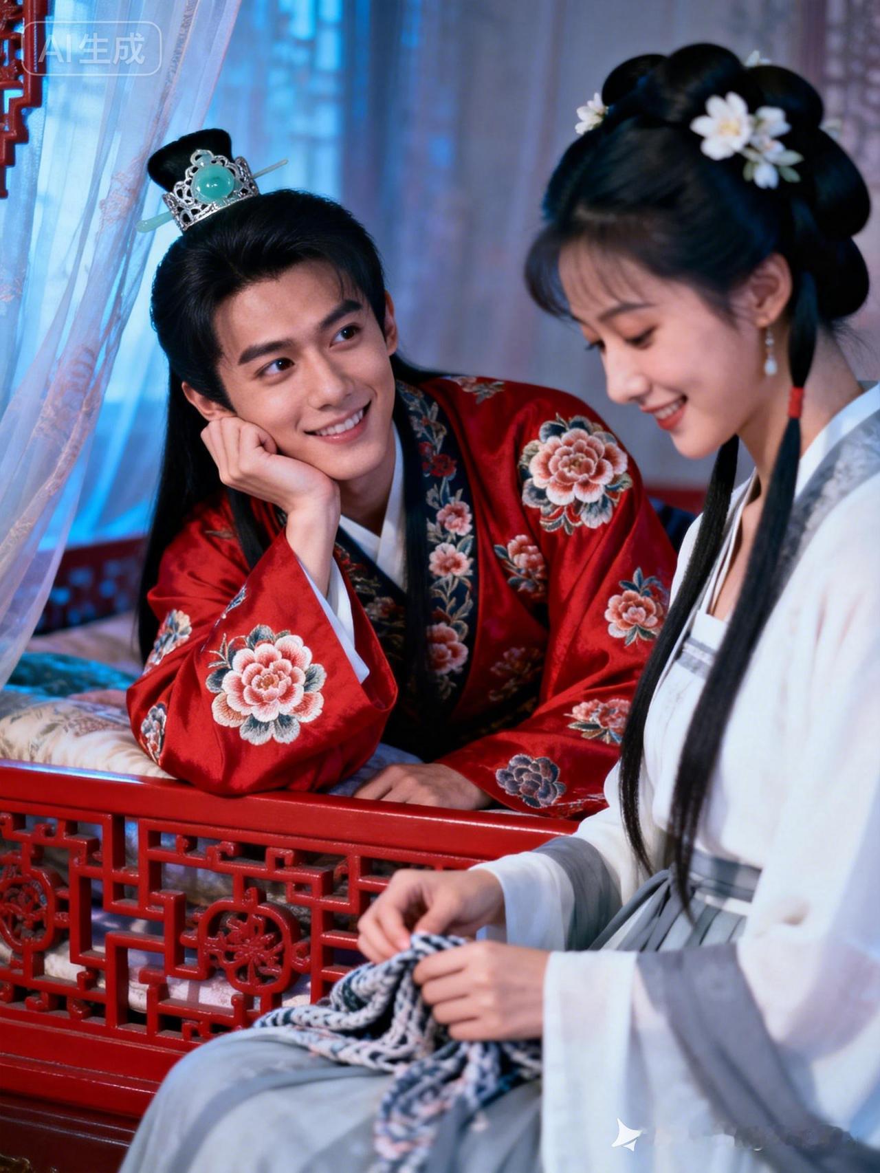 古装情侣甜蜜互动，笑靥如花，温馨浪漫