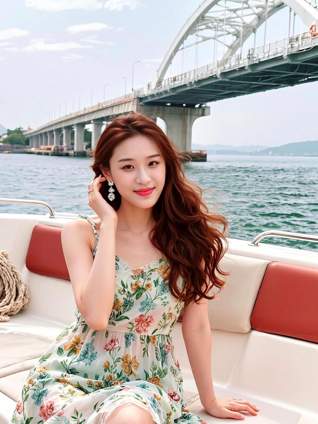 海风轻拂发梢，船行碧波之上，仿佛整片海域都为她停留。桥影横卧天际，像一首未写完的