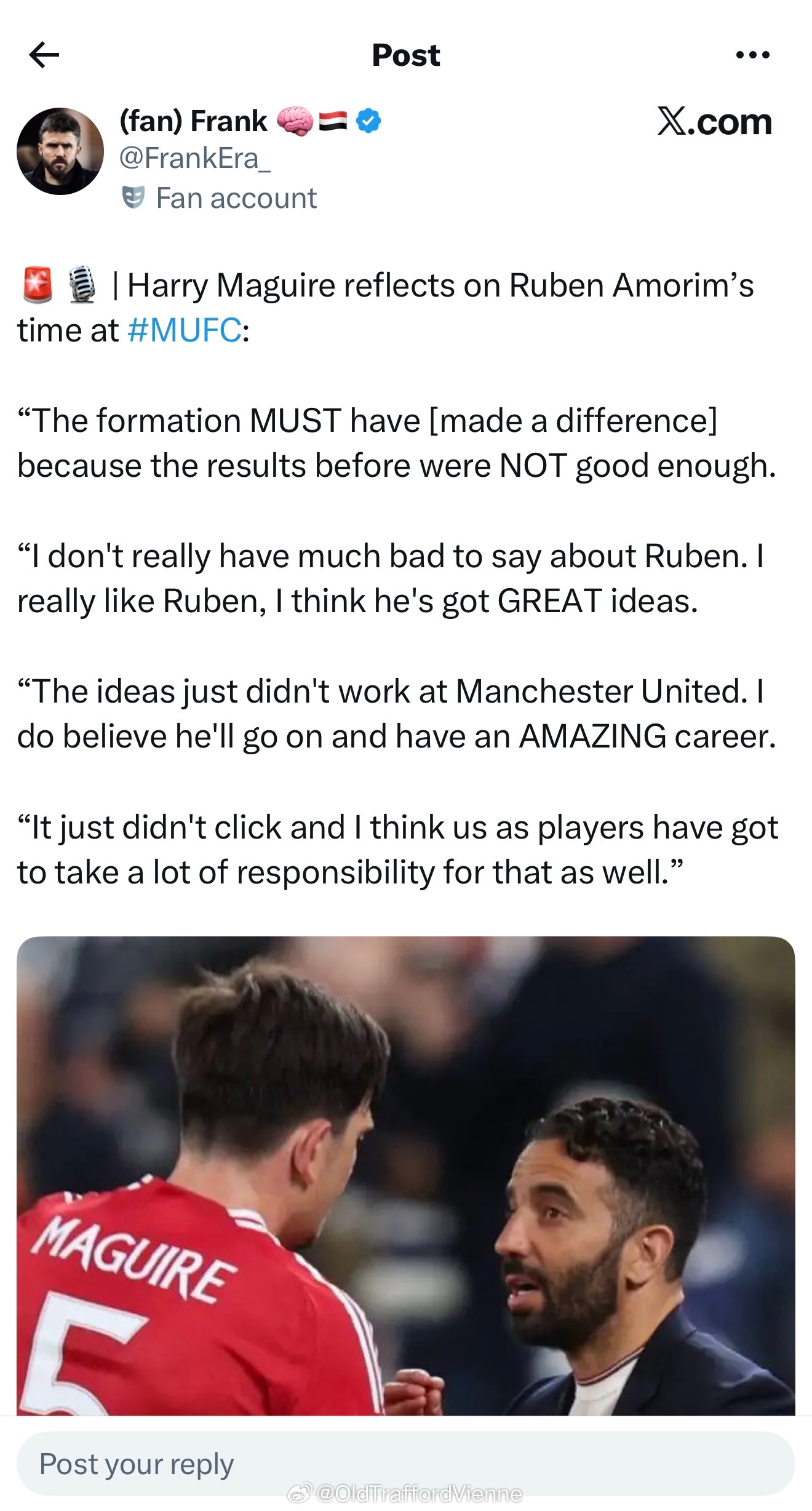 人在江湖，需要说一些场面话马奎尔谈阿莫林在曼联的执教：现在与之前肯定是不一样的，