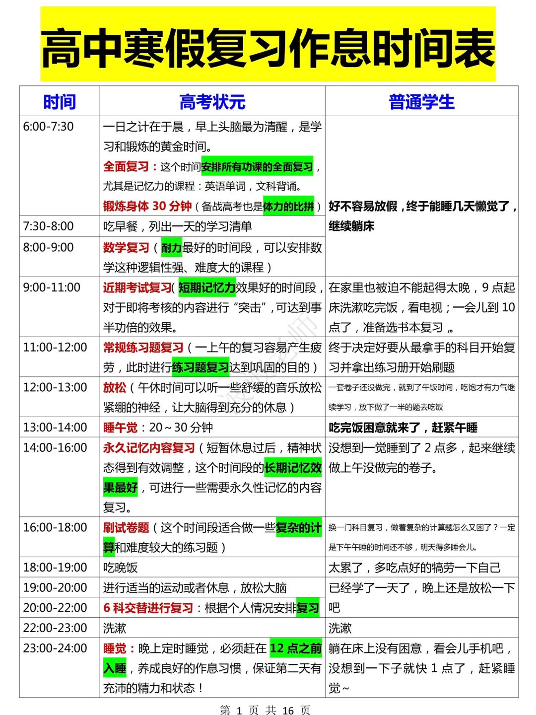 备战高考！寒假超详细学习计划表！高中生存下