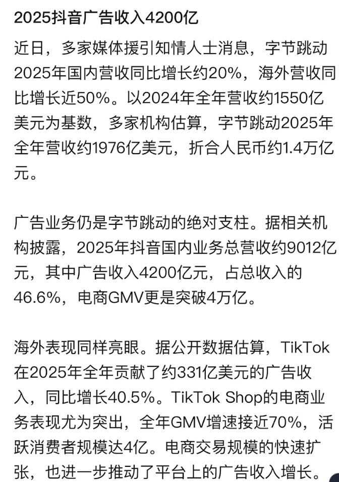 市场被吸干了！2025年，字节跳动全年营收约1.4万亿，广告收入4200亿，这块