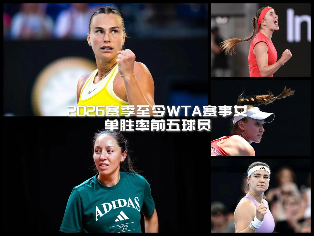 【2026赛季至今！WTA赛事女单胜率前五球员！】萨巴伦卡：95.8%；佩古拉：