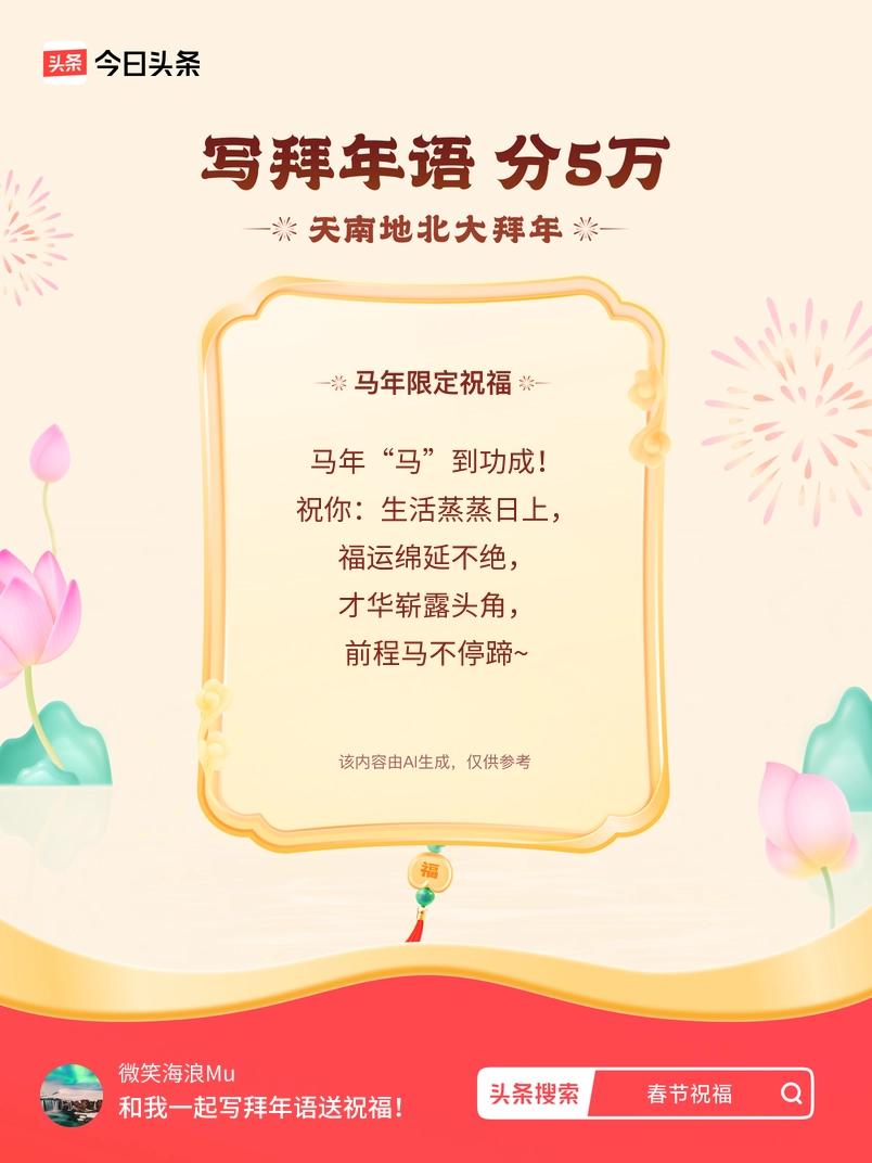 写拜年语送祝福新春拜年送祝福！我的祝福是：“马年“马”到功成！祝你：生活蒸蒸日上