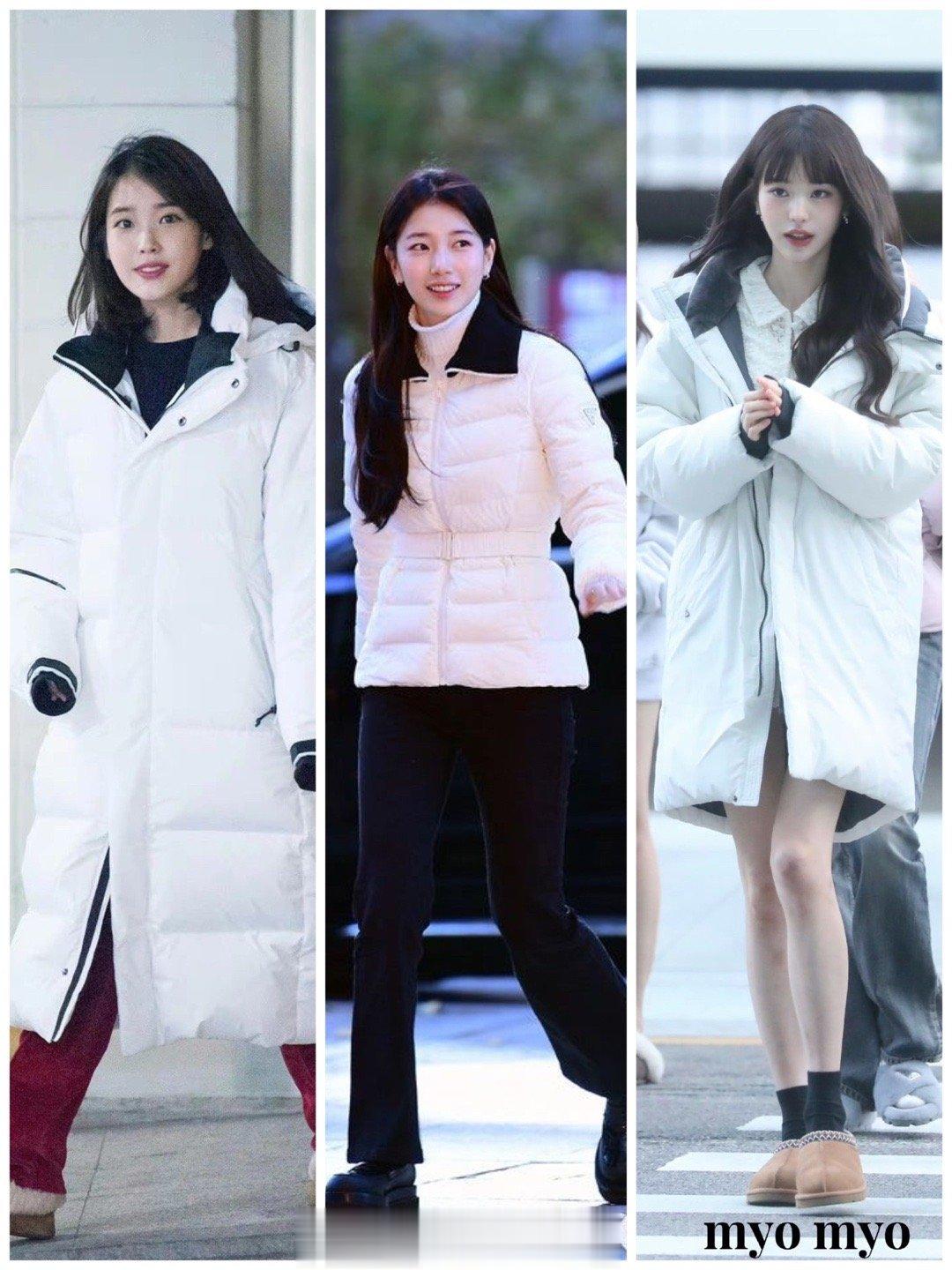 #张元英##秀智##iu# 三位女明星的白色羽绒服，冬天穿白色是真的好看，除了不