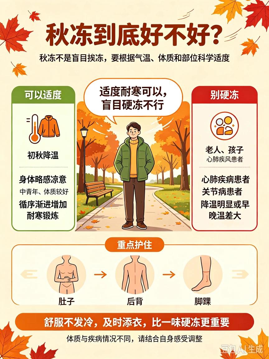 秋冻不是盲目挨冻，讲究科学适度。初秋气温慢慢回落，适当少添衣物，可以锻炼耐寒能力