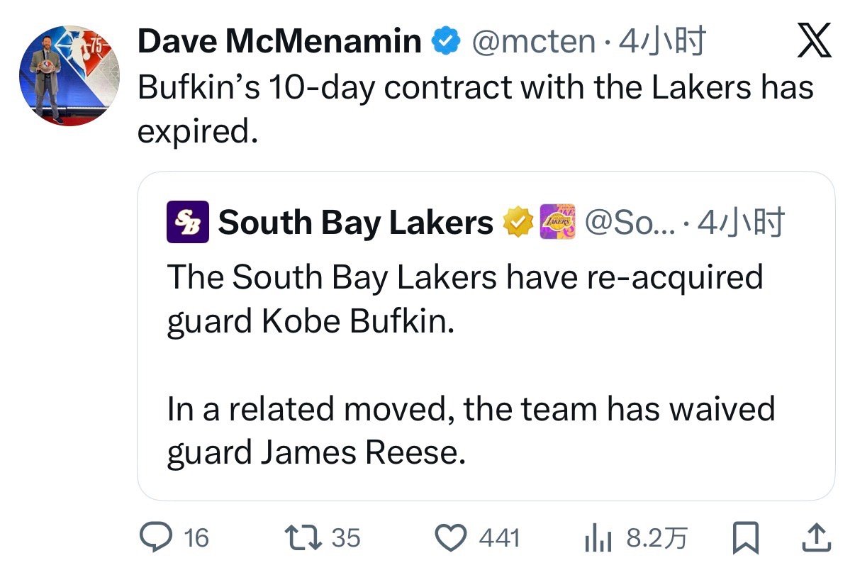 巴夫金的十天合同到期了，他重新回到了南湾湖人。 湖人vs独行侠