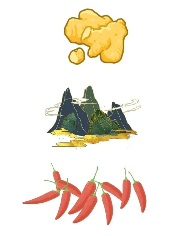 看到这张图，里面有姜、山峰和一串辣椒，感觉就像是在说咱们国家的风景真是美不胜收。