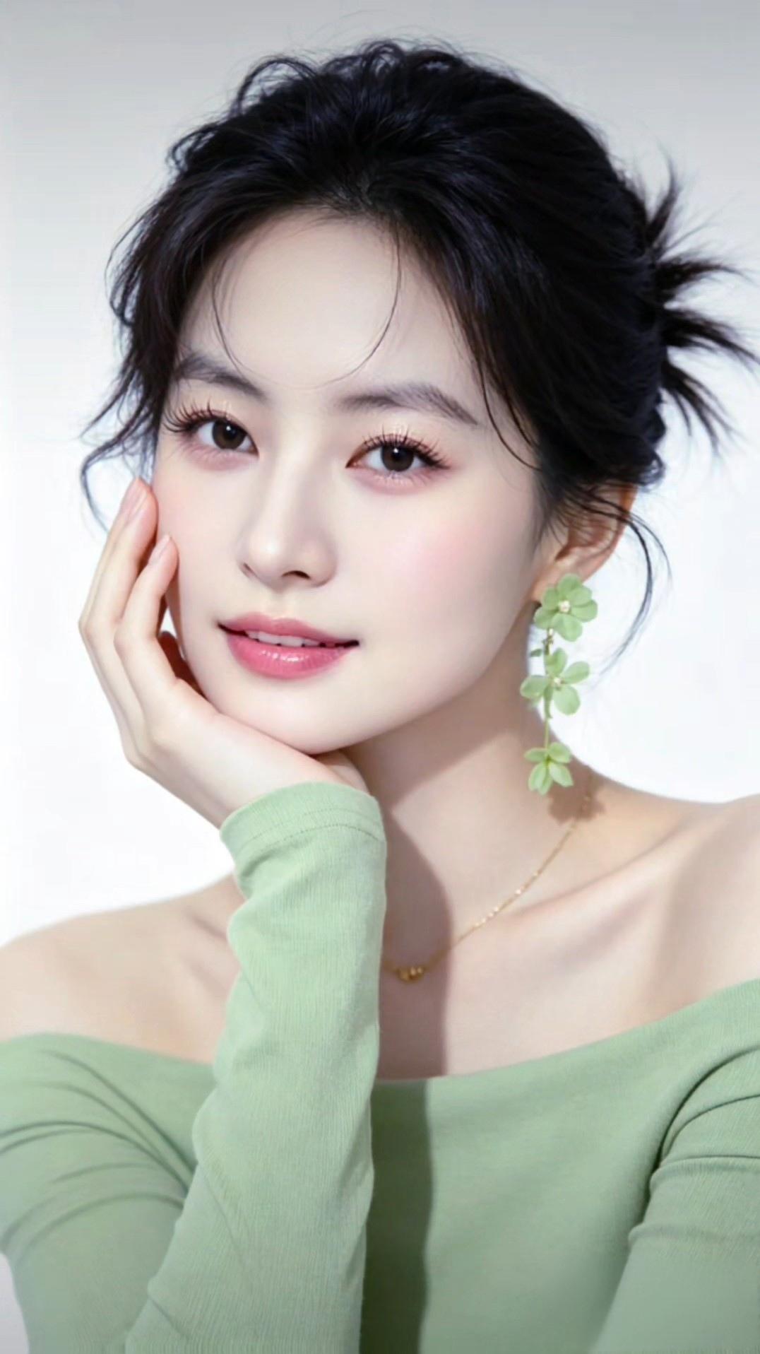 这位美女真漂亮，穿着绿色上衣，耳朵上戴着花形耳环。