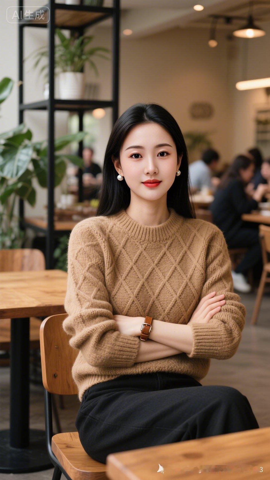 温暖咖啡馆里的时尚少女，享受悠闲时光。