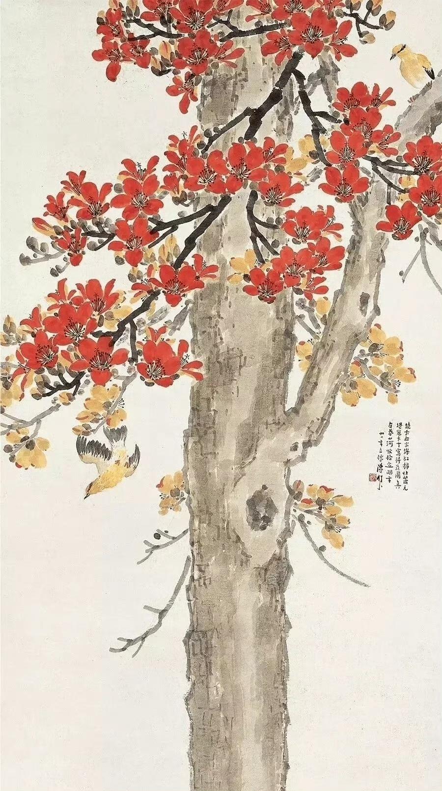 这幅画很有带入感，只见一只鸟站在枝头，看着另一只鸟正俯冲而下，估计是发现了猎物。